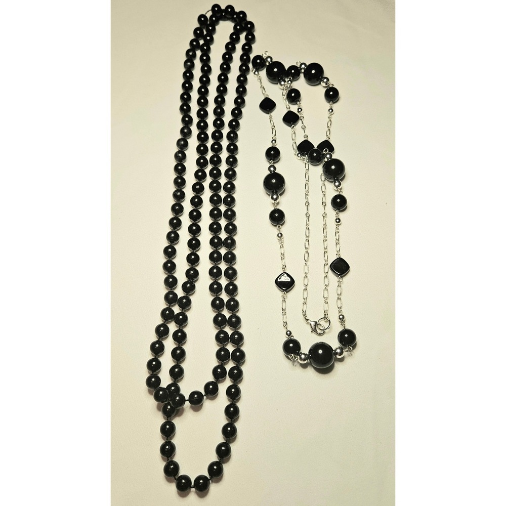 Beaded Necklace Set Women OS Black Silver Tone Layering Jewelry‎ 2pc
